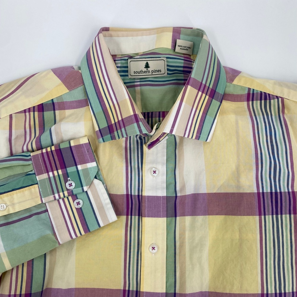 Southern Pines Mens XXL Pastel Yellow Purple Green Plaid Button‎ Down Shirt
